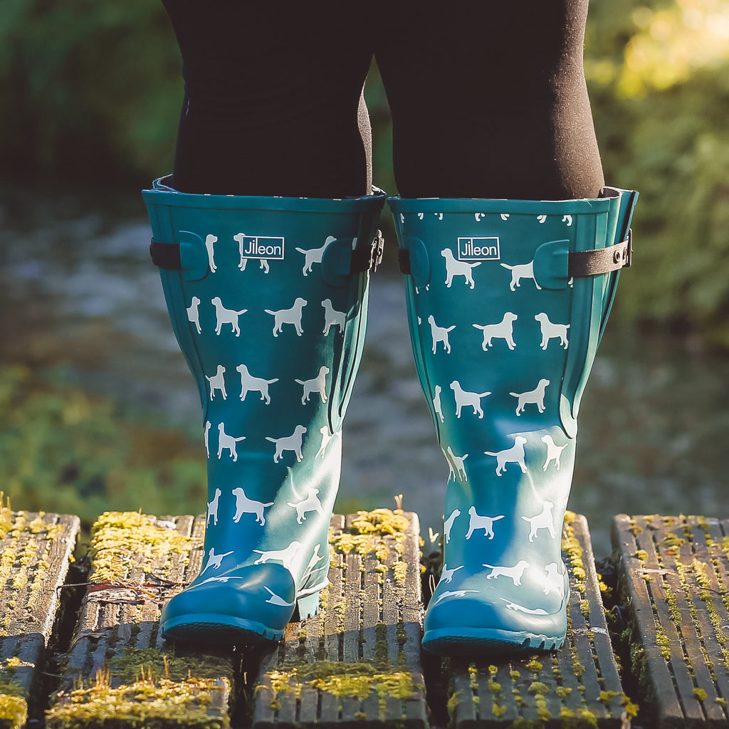 Extra Wide Calf Women s Rain Boots Teal Dog Wide in Foot and Ankle Jileon RainBoots